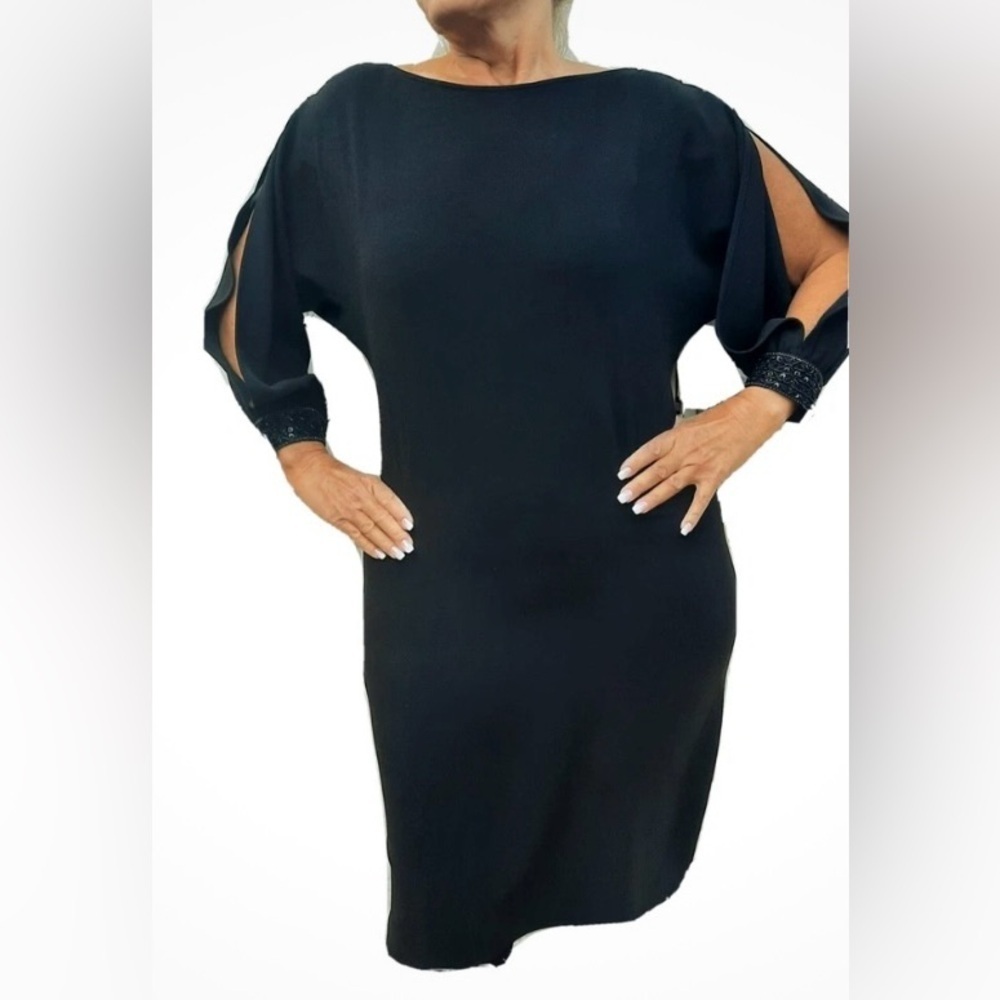 Rickie Freeman Teri Jon Slit Sleeve Sequin Cuff Knee Length Dress Black 6 #1010